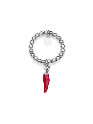 Anello Boule elastico con Charm Peperoncino Mini Portafortuna in Argento 925 e Smalto Rosso