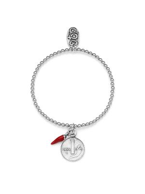 Elastic Boule Bracelet with 1 Lira Cornucopia Coin and Chili Pepper Mini Lucky Charms in Sterling Silver and Red Enamel