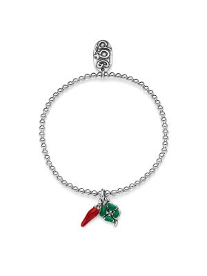 Elastic Boule Bracelet with Mini Chili and Four-Leaf Clover Lucky Charms in Sterling Silver and Enamel