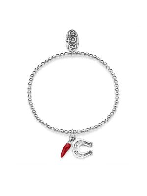 Elastic Boule Bracelet with Mini Horseshoe and Chili Pepper Lucky Charms in Sterling Silver and Enamel