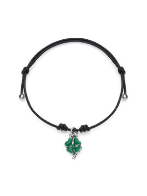 Mini Bracelet in Black Waxed Cotton with Mini Four-Leaf Clover Charm in Sterling Silver and Enamel