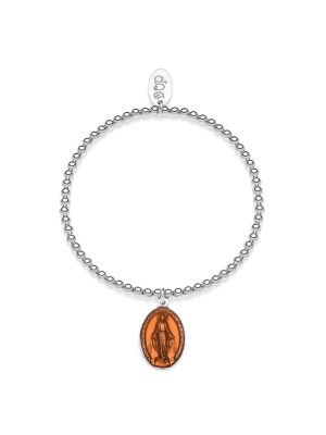 Elastic Boule Bracelet with Miraculous Madonna Charm in Sterling Silver and Orange Enamel
