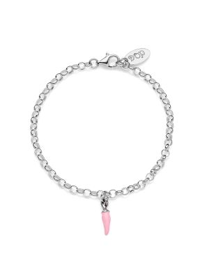 Rolo Mini Bracelet with Mini Chili Pepper Lucky Charm in Sterling Silver and Pink Enamel