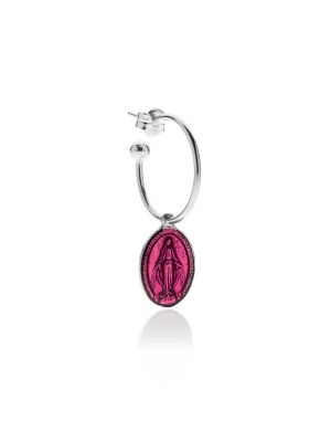 Medium Hoop Single Earring with Miraculous Madonna Charm in Sterling Silver and Pink Enamel