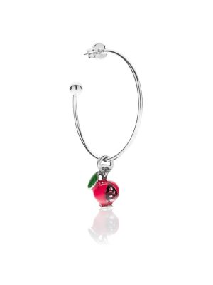 Large Hoop Single Earring with Pomegranate Charm in Sterling Silver and Enamel