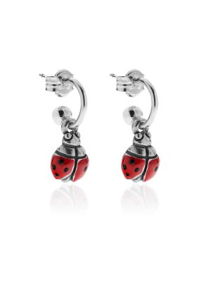 Small Hoop Earrings with Ladybug Charm in Sterling Silver and Enamel