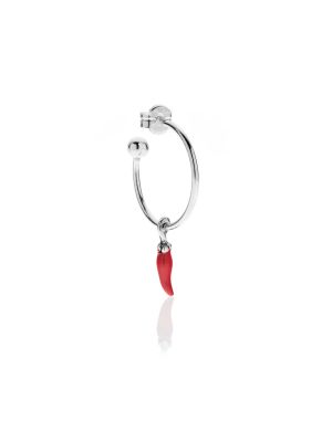 Medium Hoop Single Earring with Mini Chili Pepper Charm in Sterling Silver and Red Enamel