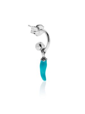 Small Hoop Single Earring with Mini Chili Pepper Lucky Charm in Sterling Silver and Turquoise Enamel