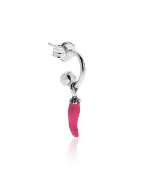 Small Hoop Single Earring with Mini Chili Pepper Lucky Charm in Sterling Silver and Fuchsia Enamel