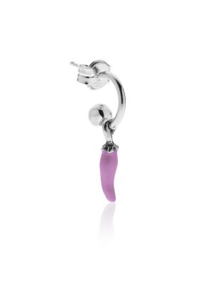 Small Hoop Single Earring with Mini Chili Pepper Lucky Charm in Sterling Silver and Lilac Enamel