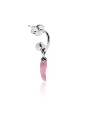 Small Hoop Single Earring with Mini Chili Pepper Lucky Charm in Sterling Silver and Pink Enamel