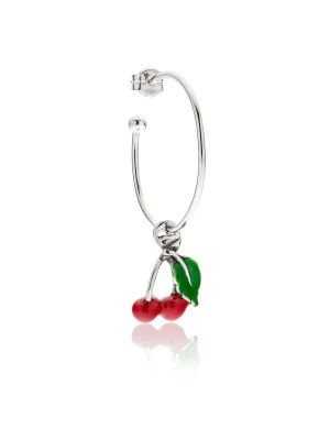 Large Hoop Single Earring with Cherry Charm in Sterling Silver and Enamel