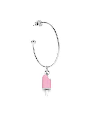Large Hoop Single Earring with Strawberry Popsicle Charm in Sterling Silver and Enamel