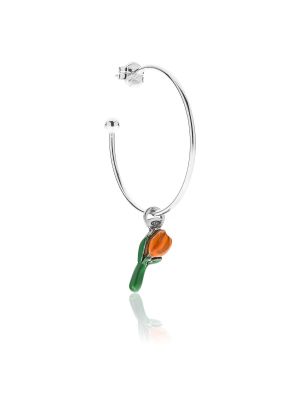 Large Hoop Single Earring with Tulip Charm in Sterling Silver and Orange Enamel