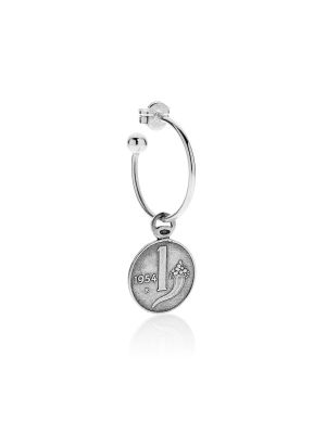 Single Medium Hoop Earring with Charm 1 Lira Cornucopia Coin Charm in Sterling Silver
