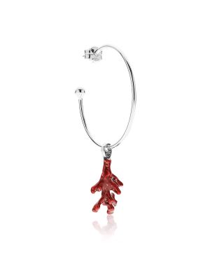 Large Hoop Single Earring with Coral Charm in Sterling Silver and Enamel