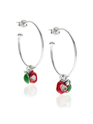 Large Hoop Earrings with Right and Left Apple Heart Charms in Sterling Silver and Enamel