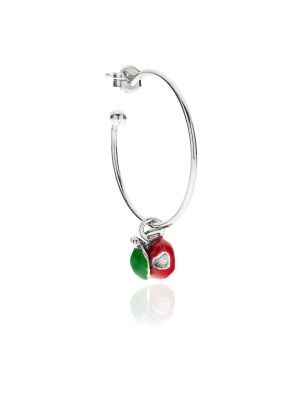 Large Hoop Single Earring with Right Apple Heart Charm in Sterling Silver and Enamel
