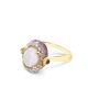 anello in oro 18 kt diamanti, opale bianco, rubini e zaffiri rosa
