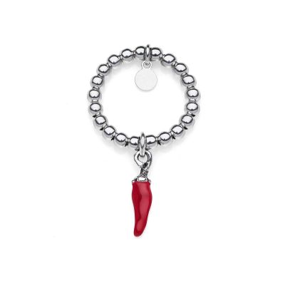 Anello Boule elastico con Charm Peperoncino Mini Portafortuna in Argento 925 e Smalto Rosso