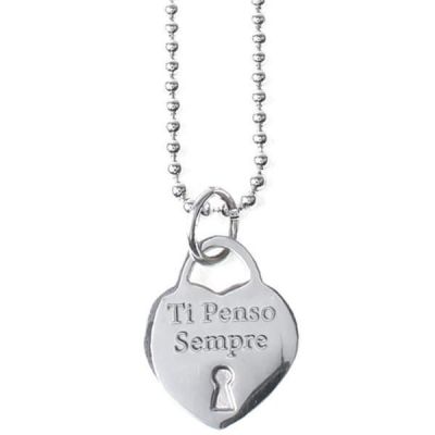 Long necklace in steel with a pendant in the heart and engraved message "I always think about you"