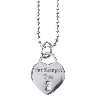 Long necklace in steel with a pendant in the heart and engraved message "forever yours"