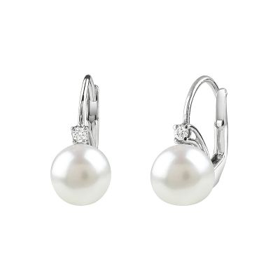Orecchini in oro bianco, perla coltivata mm 5.5/6 e diamante.