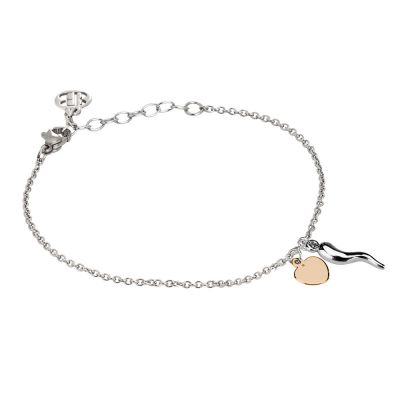 
Rhodium plated bracelet with lucky charm and pink heart