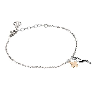 
Rhodium plated bracelet with lucky charm and rosé four-leaf clover