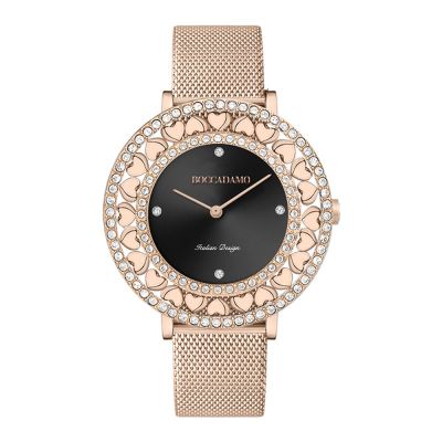 Rose gold watch with black dial, Swarovski and hearts