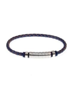 Bracelet in blue leather braided and steel inserts