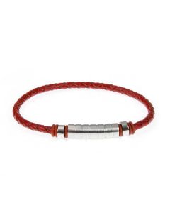 Bracelet in red leather braided and steel inserts