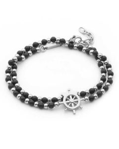 Bracelet double round steel and obsidian with tiller