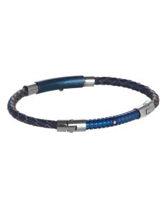 Bracelet in blue leather braided, PVD and blue zircons