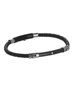 Bracelet in black leather braided black PVD and zircons