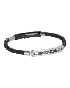 Bracelet in black leather, steel and zircons