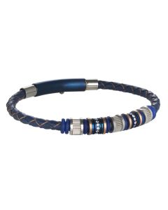 Bracelet in blue leather with passing in steel, PVD and zircons