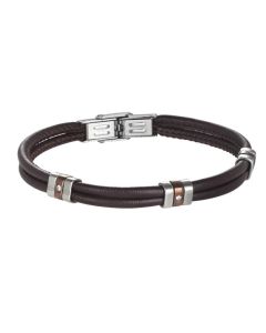 Bracelet double wire brown leather with brown PVD and zircons