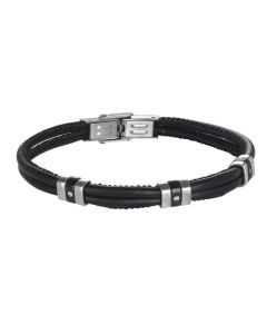 Bracelet double thread in black leather with black PVD and zircons