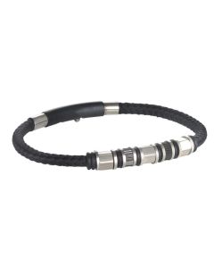Bracelet in black leather braided loops in steel and o-ring