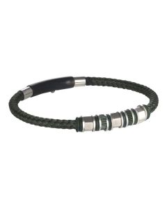 Bracelet in green leather braided loops in steel and o-ring