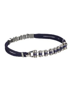 Bracelet double thread in blue leather, with central steel chain and PVD blue