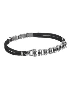 Bracelet double wire black leather, with central steel chain and PVD Black