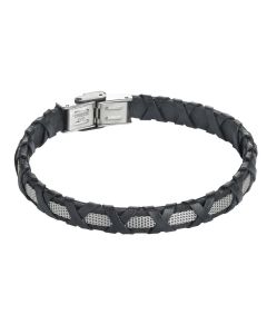 Bracelet black leather, insert gray and braided decoration