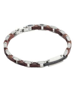
Steel bracelet with brown wood links and black spinels