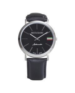 Clock with leather strap, black dial and tricolor