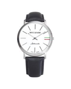 Clock with leather strap, white dial and tricolor