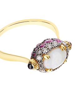 anello in oro giallo 18kt diamanti, opale bianco, rubini e zaffiri rosa-as24584-c