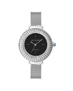 Wristwatch woman silver, black dial with triple thread with Swarovski crystals and cabochon crown