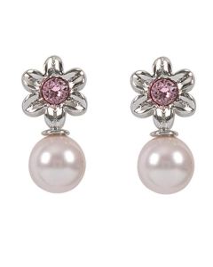 Earrings in the lobe with flower, Swarovski Crystal pink and pearl